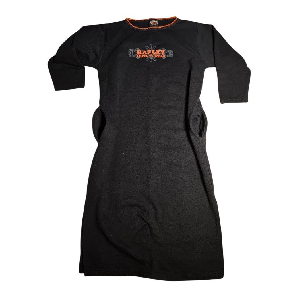 Vintage Harley Davidson Girls Rule Fleece NightShirt Dress L XL Black Orange USA